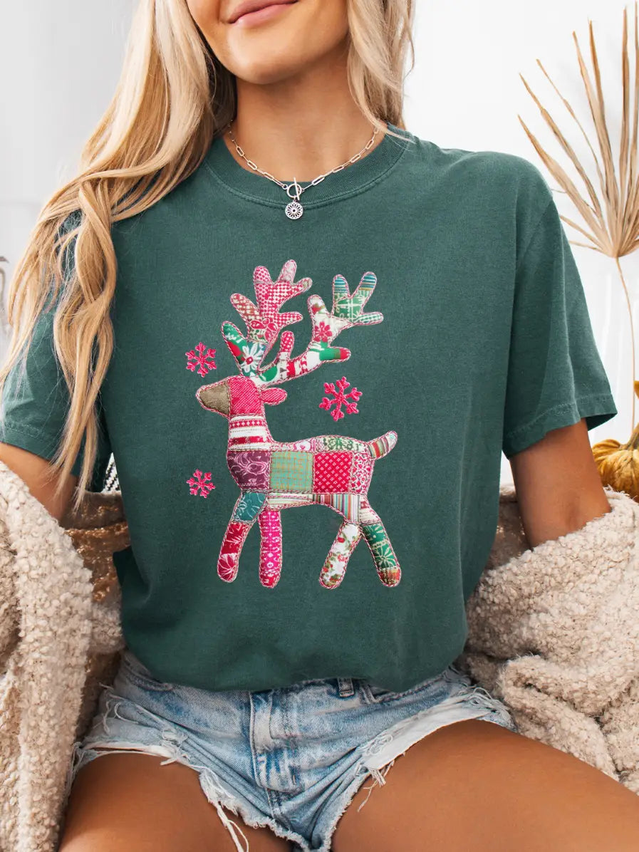 Grannys Quilted Reindeer Faux Patchwork T-Shirt