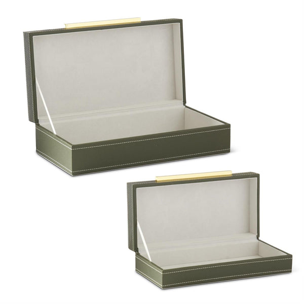 Green Vegan Leather Felt Lined Hinged Nesting Boxes with Gold Hardward