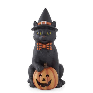 Black Resin Cat with Witch Hat & LED Jack o Lantern