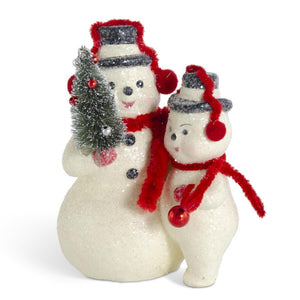 Glittered Snowmen with REd Earmuffs & Scarves Holding Bottle