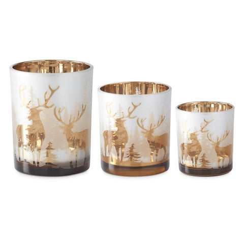 Frosted Glass with Rose Gold Interior Deer Winter Scene Votive