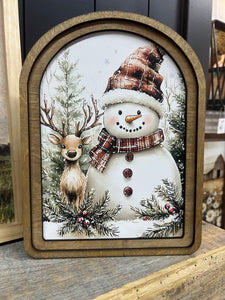 Arch Top Snowman Deer Framed Art