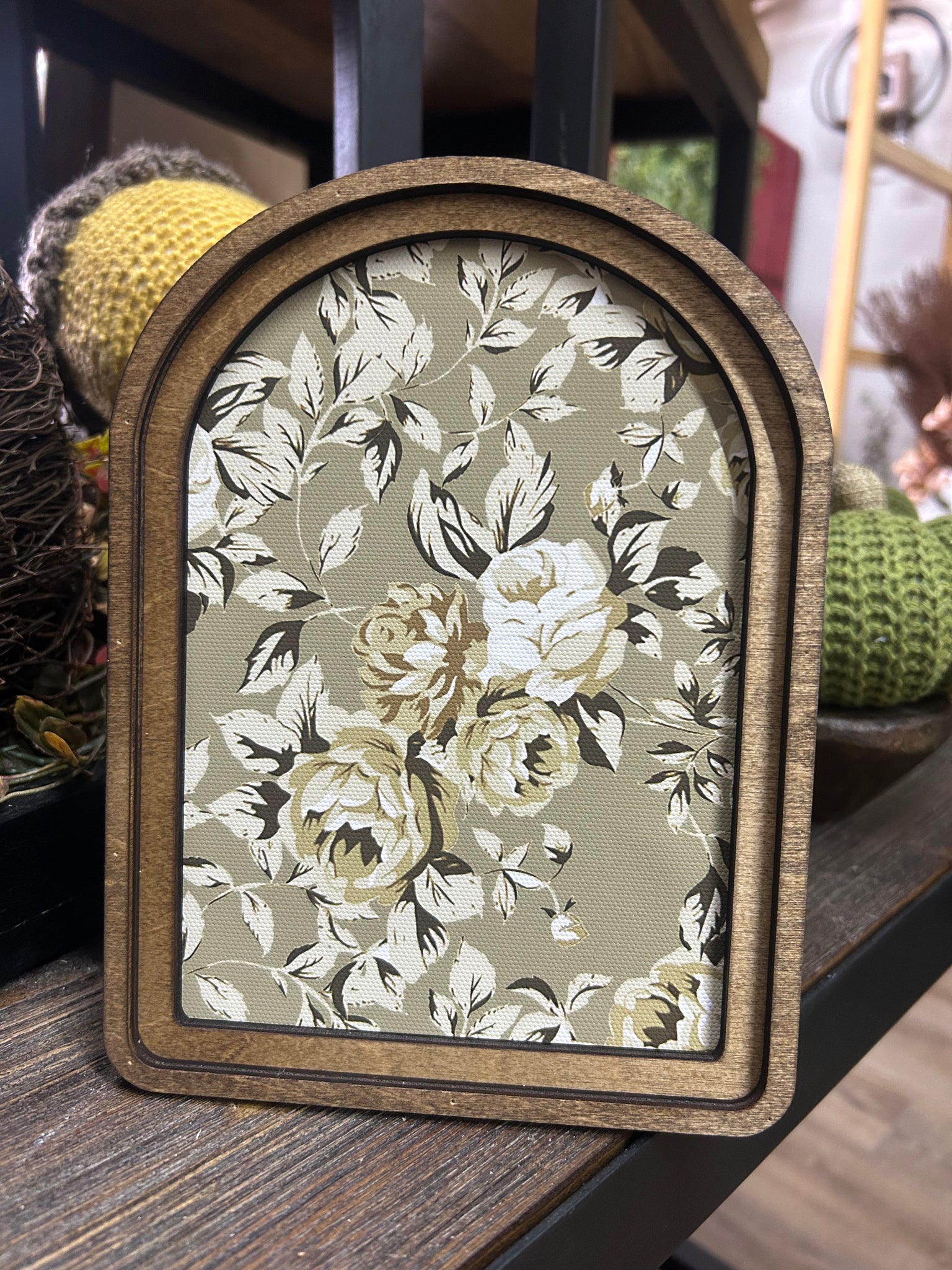 Arch Top Taupe Rose Pattern Framed Art