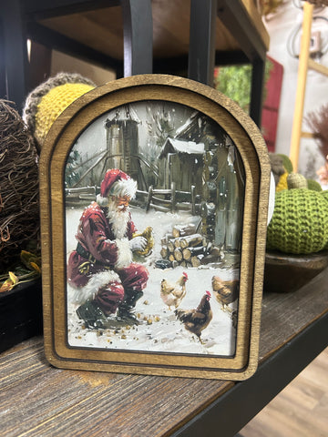 Arch Top Santa with Chickens Framed Art