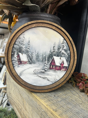 Round Snowy Red Cabins Art