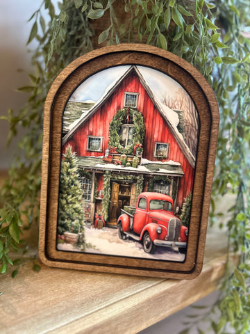 Arch Top Red Christmas Barn Framed Art