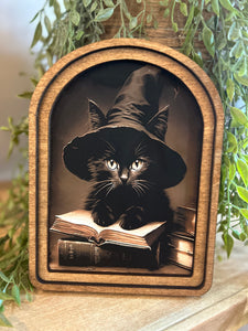 Arch Top Halloween Cat Framed Art