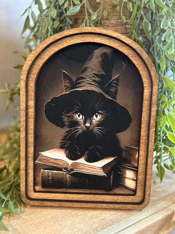 Arch Top Halloween Cat Framed Art