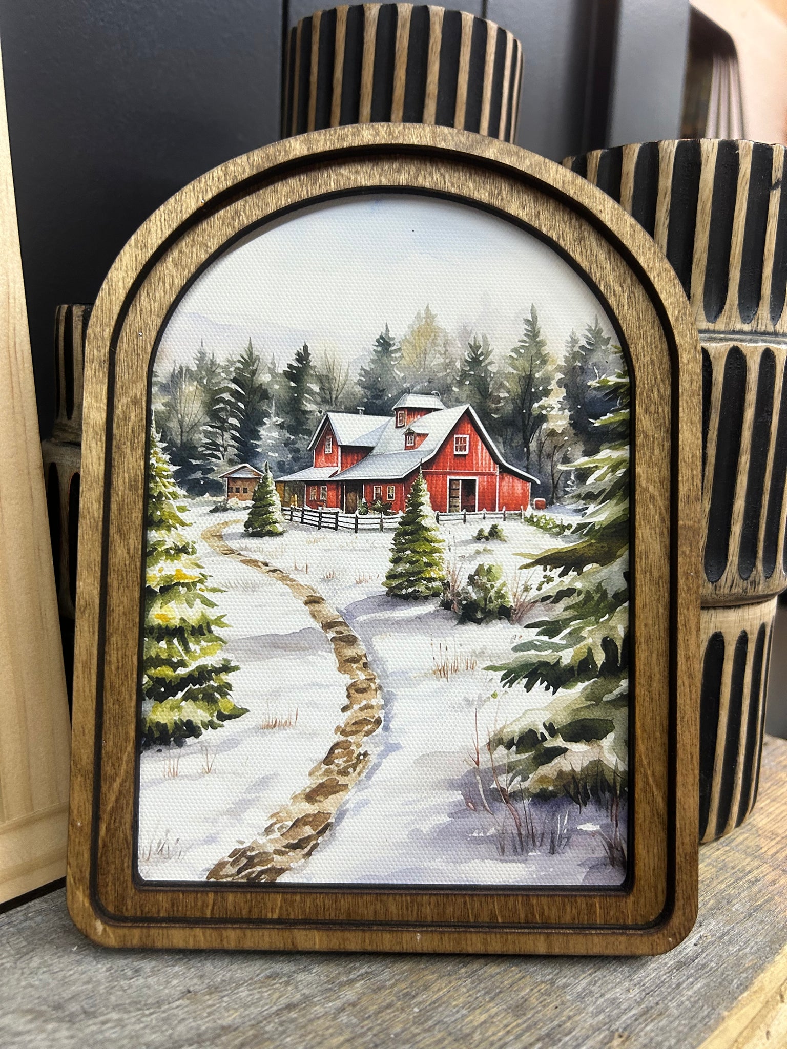 Arch Top Christmas Tree Farm Barn Framed Art