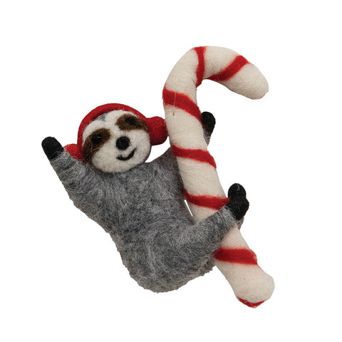 Sloth with Candy Cane Felted Ornament