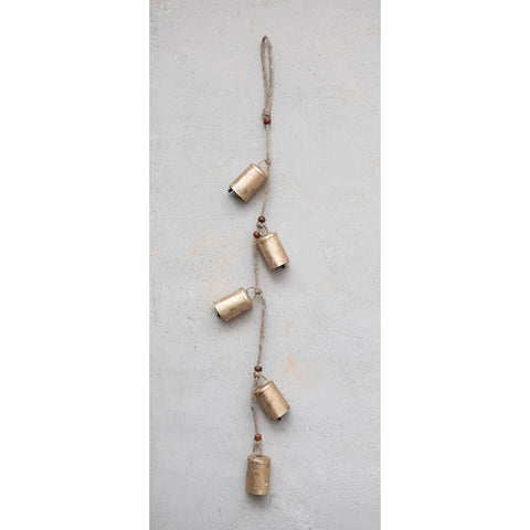 Hanging Metal Bells with wood beads and jute rope