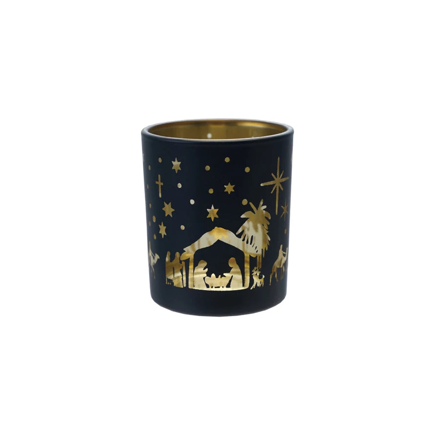 Glass Tea light Votive Holder with Nativity Scene Laser Etched