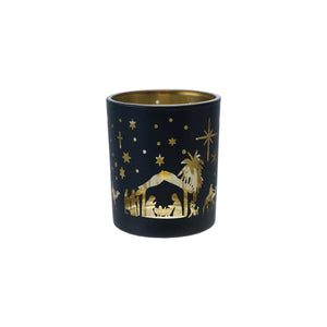Glass Tea light Votive Holder with Nativity Scene Laser Etched
