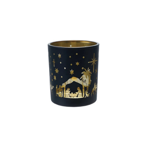 Glass Tea light Votive Holder with Nativity Scene Laser Etched