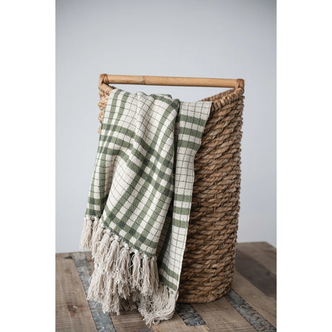 Printed Plaid Throw with Fringe