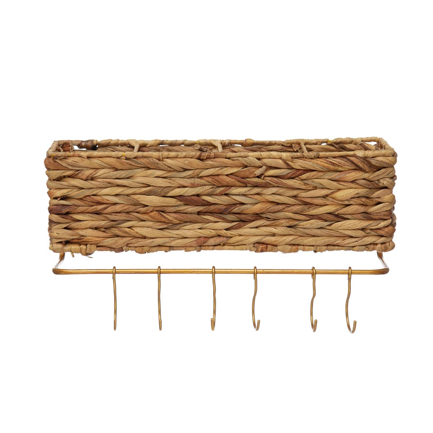 Hand Woven Straw and Metal Wall Basket